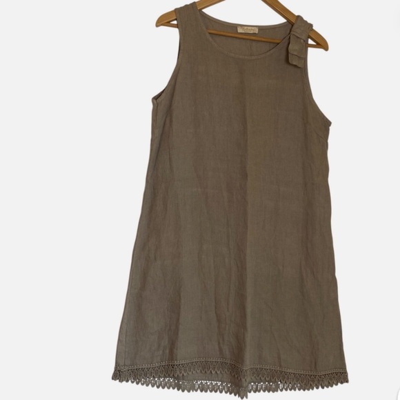 BELLA UMBRA 100% Linen Shift Dress Italy Crochet Hem Beige Tan Boho Minimalist L - Picture 7 of 7